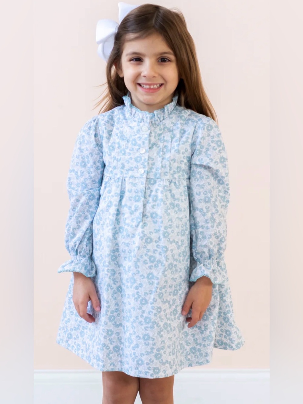 Classic Light Blue Floral Ruffle Collar Kids Dress